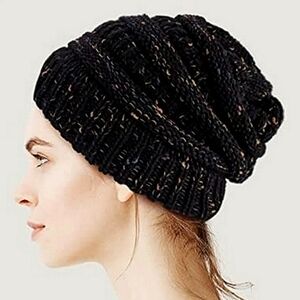 Women's Boho rainbow black slouchy chunky cable knit winter snow beanie hat